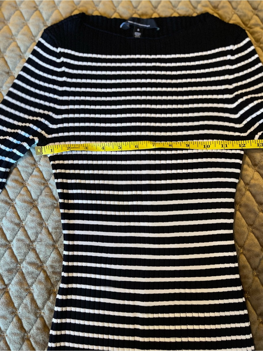White House Black Market Black and White Striped Ribbed Bell-Sleeve Sweater - Picture 2 of 4